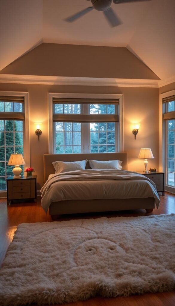 A cozy, inviting master bedroom bathed in soft, warm lighting. The room features a plush king-sized bed draped in luxurious linens, flanked by two elegant nightstands with glowing table lamps. Gentle sconces mounted on the walls emit a subtle, ambient glow, creating a serene and relaxing atmosphere. The lighting is strategically placed to highlight the room's architectural details, like the high ceilings and large windows overlooking a tranquil garden. A large, plush area rug covers the hardwood floor, adding a touch of coziness. The overall scene evokes a sense of calm, comfort, and restfulness. A cozy, inviting master bedroom bathed in soft, warm lighting. The room features a plush king-sized bed draped in luxurious linens, flanked by two elegant nightstands with glowing table lamps. Gentle sconces mounted on the walls emit a subtle, ambient glow, creating a serene and relaxing atmosphere. The lighting is strategically placed to highlight the room's architectural details, like the high ceilings and large windows overlooking a tranquil garden. A large, plush area rug covers the hardwood floor, adding a touch of coziness. The overall scene evokes a sense of calm, comfort, and restfulness.