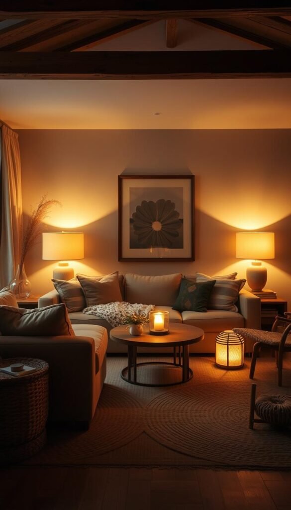 A cozy living room bathed in warm, ambient lighting. Soft, golden lamps cast a gentle glow, illuminating plush, earthy-toned furnishings and natural textures like woven rugs and wooden accents. The space feels inviting and serene, with strategically placed lighting fixtures creating a welcoming, intimate atmosphere. Muted colors and natural elements combine to cultivate a sense of comfort and relaxation, perfect for unwinding after a long day. Diffused light from hidden sources casts a tranquil, spa-like ambiance, encouraging visitors to sink into the plush sofa and embrace the coziness of the space. A cozy living room bathed in warm, ambient lighting. Soft, golden lamps cast a gentle glow, illuminating plush, earthy-toned furnishings and natural textures like woven rugs and wooden accents. The space feels inviting and serene, with strategically placed lighting fixtures creating a welcoming, intimate atmosphere. Muted colors and natural elements combine to cultivate a sense of comfort and relaxation, perfect for unwinding after a long day. Diffused light from hidden sources casts a tranquil, spa-like ambiance, encouraging visitors to sink into the plush sofa and embrace the coziness of the space.