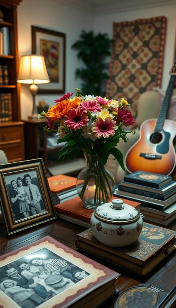 A cozy living room filled with an assortment of personal decor items, each with sentimental value. In the foreground, a well-worn leather-bound journal, a framed photograph of a family gathering, and a delicate ceramic trinket box. In the middle ground, an heirloom vase displays a vibrant bouquet of fresh flowers, surrounded by stacks of cherished books. The background features a handmade quilt draped over a comfortable armchair, and a guitar resting on a side table, a nod to the owner's musical talents. Warm lighting casts a soft glow, creating an inviting and intimate atmosphere, perfect for capturing the essence of a space filled with meaningful personal touches. A cozy living room filled with an assortment of personal decor items, each with sentimental value. In the foreground, a well-worn leather-bound journal, a framed photograph of a family gathering, and a delicate ceramic trinket box. In the middle ground, an heirloom vase displays a vibrant bouquet of fresh flowers, surrounded by stacks of cherished books. The background features a handmade quilt draped over a comfortable armchair, and a guitar resting on a side table, a nod to the owner's musical talents. Warm lighting casts a soft glow, creating an inviting and intimate atmosphere, perfect for capturing the essence of a space filled with meaningful personal touches.