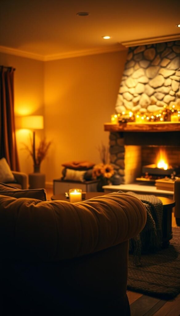 A cozy living room filled with soft, diffused lighting that creates a warm, inviting atmosphere. The foreground features a plush, oversized armchair bathed in a golden glow, while the middle ground showcases a low coffee table with a flickering candle and a knitted throw blanket. In the background, a stone fireplace emits a gentle, ambient light, casting a comforting ambiance across the space. The lighting is captured with a wide-angle lens, emphasizing the depth and coziness of the scene. The overall mood is one of relaxation, comfort, and tranquility, perfectly suited for a cozy evening at home. A cozy living room filled with soft, diffused lighting that creates a warm, inviting atmosphere. The foreground features a plush, oversized armchair bathed in a golden glow, while the middle ground showcases a low coffee table with a flickering candle and a knitted throw blanket. In the background, a stone fireplace emits a gentle, ambient light, casting a comforting ambiance across the space. The lighting is captured with a wide-angle lens, emphasizing the depth and coziness of the scene. The overall mood is one of relaxation, comfort, and tranquility, perfectly suited for a cozy evening at home.
