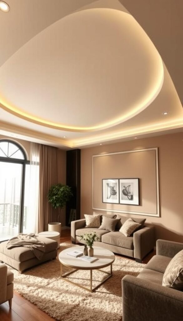 A cozy living room with a focus on ceiling design. The room has warm, muted tones, with a large window allowing natural light to pour in. The central feature is an elegant, modern false ceiling with recessed lighting, gently curving to create visual interest. Subtle textures, like a plush area rug and soft furnishings, add depth. The layout is open and balanced, with a seating arrangement that encourages conversation. The overall mood is one of tranquility and sophistication, reflecting the importance of careful ceiling design in shaping a harmonious, inviting living space.
