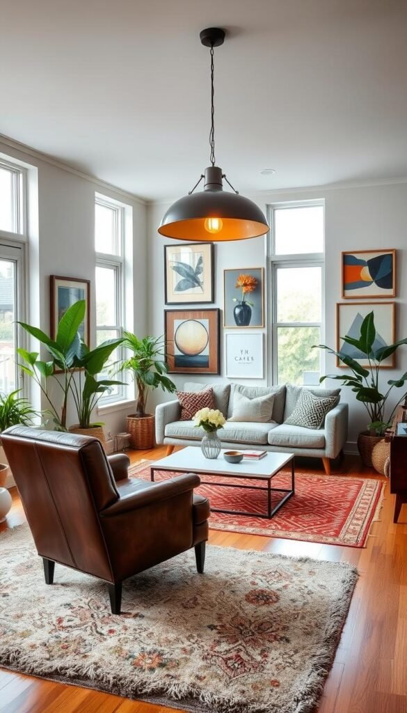 A cozy living room with a harmonious blend of vintage and modern elements. In the foreground, an antique leather armchair sits atop a plush, patterned area rug. In the middle ground, a sleek, minimalist coffee table is complemented by a midcentury-inspired sofa. Hanging above, a large, industrial-style pendant light casts a warm, ambient glow. The walls are adorned with a mix of vintage framed artwork and modern abstract paintings. Lush, potted plants add a touch of nature, while the large windows allow natural light to flood the space, creating a bright and inviting atmosphere. A cozy living room with a harmonious blend of vintage and modern elements. In the foreground, an antique leather armchair sits atop a plush, patterned area rug. In the middle ground, a sleek, minimalist coffee table is complemented by a midcentury-inspired sofa. Hanging above, a large, industrial-style pendant light casts a warm, ambient glow. The walls are adorned with a mix of vintage framed artwork and modern abstract paintings. Lush, potted plants add a touch of nature, while the large windows allow natural light to flood the space, creating a bright and inviting atmosphere.