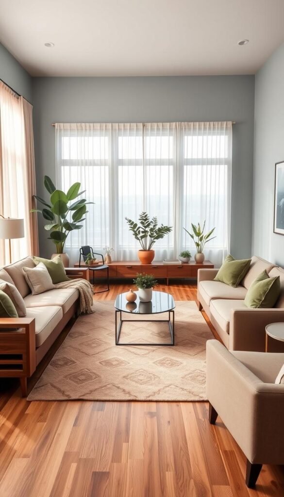 A cozy living room with a meticulously curated color palette that visually expands the space. The foreground features a harmonious blend of earthy tones - warm beige sofas, rich brown wooden accents, and muted olive green throw pillows. The middle ground showcases a contemporary geometric area rug in complementary hues, anchoring the space. In the background, pale blue-gray walls and sheer curtains reflect natural light, creating an airy and tranquil atmosphere. Strategically placed potted plants and a minimalist coffee table finish the scene, radiating a sense of balance and sophistication. Soft, directional lighting enhances the depth and dimensionality of the room, making it feel both inviting and luxurious.