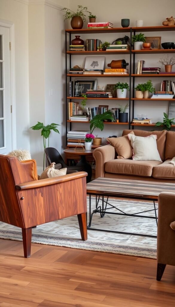 A cozy living room with a mix of vintage and modern furniture pieces. In the foreground, a weathered wooden armchair and a plush velvet sofa create a warm, inviting atmosphere. In the middle ground, a rustic coffee table with a metal frame stands atop a worn area rug, complemented by a mid-century style side table. The background features a wall-mounted shelving unit displaying an eclectic collection of books, plants, and decorative objects. Soft, diffused lighting casts a gentle glow, adding to the room's relaxed and collected ambiance.