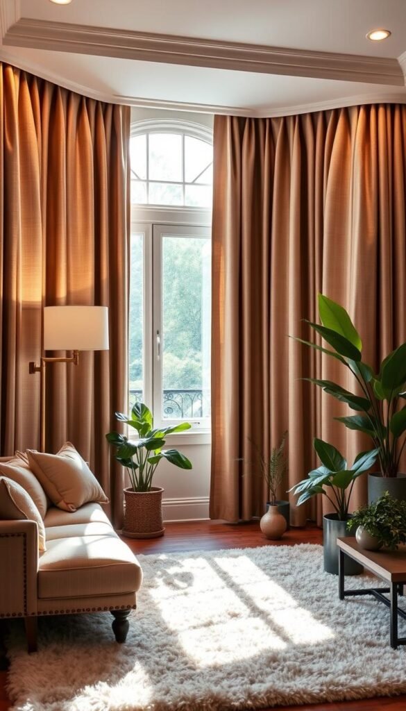 A cozy living room with elegant window treatments as the focal point. Luxurious floor-length curtains in a neutral, textured fabric frame the large bay window, creating a sophisticated and inviting atmosphere. Warm, diffused lighting streams in, casting a soft glow on the plush area rug and complementary throw pillows. Lush greenery in potted plants and a statement floor lamp add depth and natural vibrancy to the space. The overall composition evokes a sense of refined, yet comfortable, living room decor. A cozy living room with elegant window treatments as the focal point. Luxurious floor-length curtains in a neutral, textured fabric frame the large bay window, creating a sophisticated and inviting atmosphere. Warm, diffused lighting streams in, casting a soft glow on the plush area rug and complementary throw pillows. Lush greenery in potted plants and a statement floor lamp add depth and natural vibrancy to the space. The overall composition evokes a sense of refined, yet comfortable, living room decor.