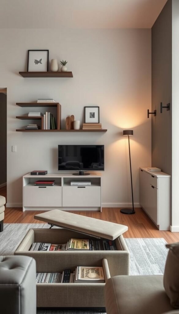 A cozy living room with minimalist, yet functional storage solutions. In the foreground, sleek wall-mounted shelves display carefully curated decor pieces. The middle ground showcases a compact storage ottoman doubling as a coffee table, its interior compartments neatly organizing magazines and remote controls. In the background, a built-in entertainment unit with concealed storage seamlessly blends into the room's neutral color palette, creating a sense of visual harmony. Soft, warm lighting from a floor lamp and sconces casts a gentle glow, enhancing the room's inviting atmosphere. The overall impression is one of a small, but thoughtfully designed living space that maximizes storage without compromising style. A cozy living room with minimalist, yet functional storage solutions. In the foreground, sleek wall-mounted shelves display carefully curated decor pieces. The middle ground showcases a compact storage ottoman doubling as a coffee table, its interior compartments neatly organizing magazines and remote controls. In the background, a built-in entertainment unit with concealed storage seamlessly blends into the room's neutral color palette, creating a sense of visual harmony. Soft, warm lighting from a floor lamp and sconces casts a gentle glow, enhancing the room's inviting atmosphere. The overall impression is one of a small, but thoughtfully designed living space that maximizes storage without compromising style.
