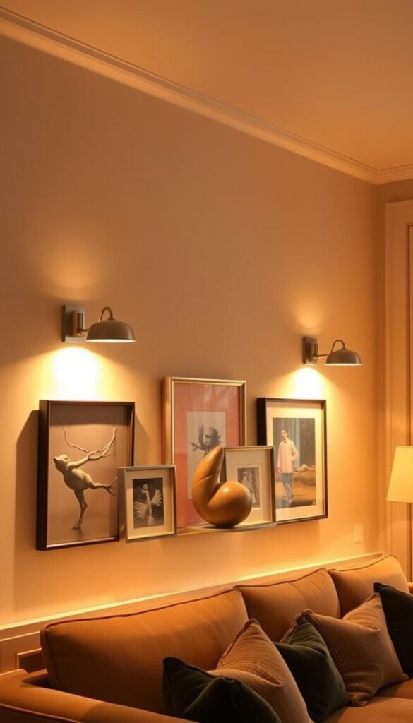 A cozy living room with warm, inviting lighting illuminating a beautifully curated wall art display. Soft, diffused light emanates from a pair of sleek, modern sconces, casting a gentle glow across the room. The artwork, a mix of framed paintings and sculptural pieces, is artfully arranged to create a visually striking focal point. The lighting accentuates the textures and hues of the artwork, making it the star of the space. The overall atmosphere is one of refined elegance, where the lighting seamlessly enhances the décor and sets the tone for a chic, welcoming environment. A cozy living room with warm, inviting lighting illuminating a beautifully curated wall art display. Soft, diffused light emanates from a pair of sleek, modern sconces, casting a gentle glow across the room. The artwork, a mix of framed paintings and sculptural pieces, is artfully arranged to create a visually striking focal point. The lighting accentuates the textures and hues of the artwork, making it the star of the space. The overall atmosphere is one of refined elegance, where the lighting seamlessly enhances the décor and sets the tone for a chic, welcoming environment.