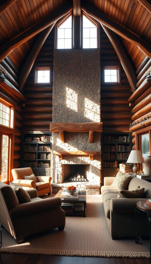 A cozy log cabin interior bathed in warm, natural light filtering through large windows. The focal point is a rustic stone fireplace with a sturdy wooden mantel, flanked by built-in bookshelves filled with leather-bound volumes. Plush, earthy-toned armchairs and a deep, tufted sofa invite relaxation, while a thick, woven area rug grounds the space. Wooden beams traverse the high ceiling, casting gentle shadows, and the walls are adorned with antique sconces and framed nature prints. The overall atmosphere exudes a sense of timeless, inviting charm.
