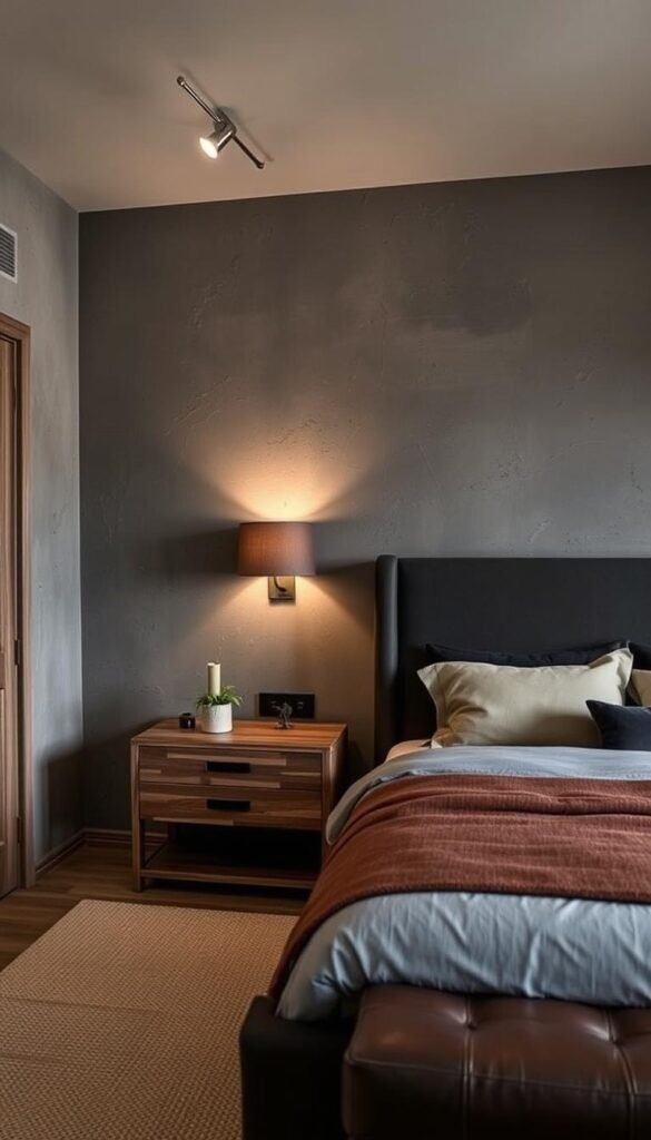 A cozy, masculine bedroom with a focus on textured wall finishes. Rough plaster walls with subtle tones of charcoal and taupe, highlighted by warm, directional lighting from sconces and a minimalist ceiling fixture. The texture creates depth and visual interest, complementing the smooth, weathered wood furniture and dark leather accents. Soft, earthy tones throughout, evoking a sense of refined sophistication. A mix of sleek, angular lines and organic, handcrafted elements creates a balanced, harmonious atmosphere. A cozy, masculine bedroom with a focus on textured wall finishes. Rough plaster walls with subtle tones of charcoal and taupe, highlighted by warm, directional lighting from sconces and a minimalist ceiling fixture. The texture creates depth and visual interest, complementing the smooth, weathered wood furniture and dark leather accents. Soft, earthy tones throughout, evoking a sense of refined sophistication. A mix of sleek, angular lines and organic, handcrafted elements creates a balanced, harmonious atmosphere.