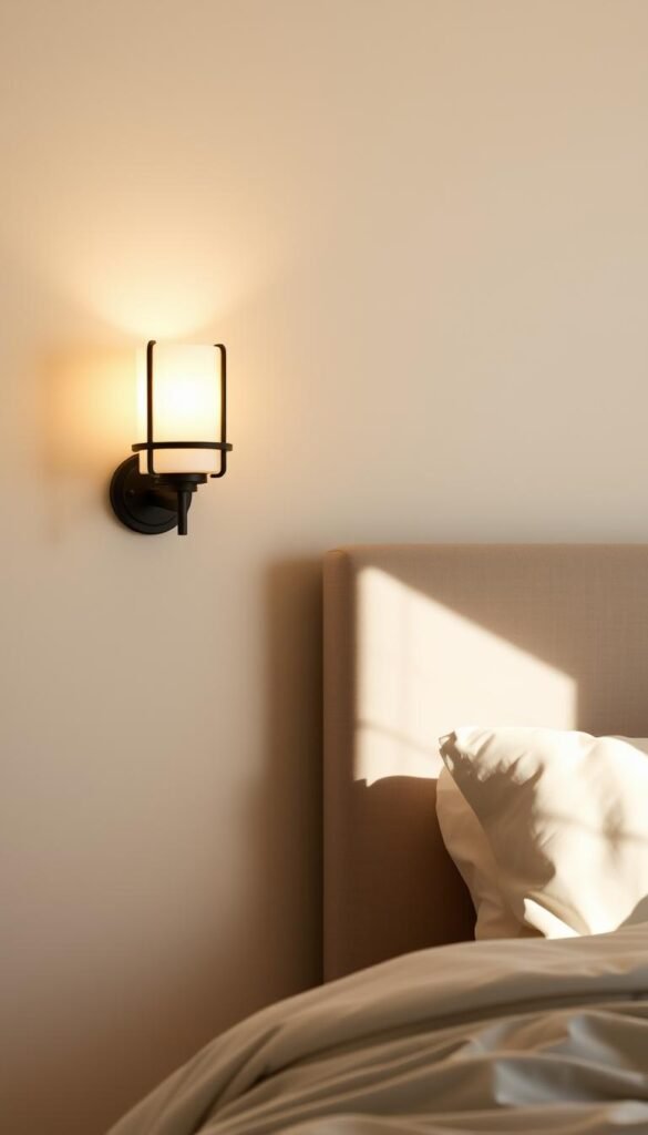 A cozy, minimalist bedroom with two elegant wall sconces illuminating the space. The sconces are mounted on the wall, freeing up valuable surface area. The lighting fixtures feature a simple, modern design with matte black metal frames and white glass shades, casting a warm, ambient glow. The bedroom is bathed in a soft, natural light, creating a serene and tranquil atmosphere. The sconces are positioned at eye level, providing ample task lighting while maintaining a clean, uncluttered look. The overall effect is a space-saving, functional, and visually appealing lighting solution that enhances the room's contemporary aesthetic. A cozy, minimalist bedroom with two elegant wall sconces illuminating the space. The sconces are mounted on the wall, freeing up valuable surface area. The lighting fixtures feature a simple, modern design with matte black metal frames and white glass shades, casting a warm, ambient glow. The bedroom is bathed in a soft, natural light, creating a serene and tranquil atmosphere. The sconces are positioned at eye level, providing ample task lighting while maintaining a clean, uncluttered look. The overall effect is a space-saving, functional, and visually appealing lighting solution that enhances the room's contemporary aesthetic.