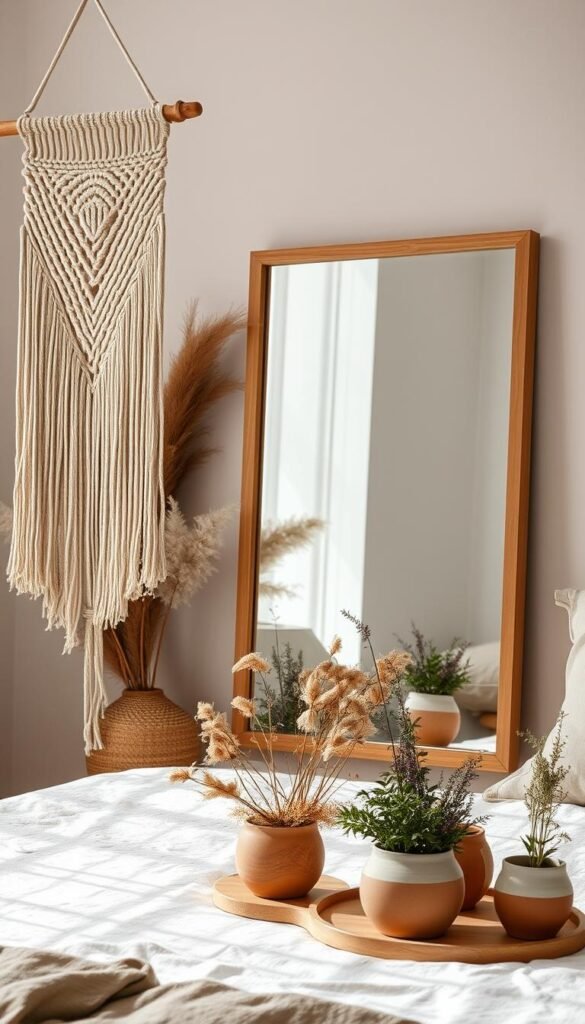 A cozy, natural-inspired bedroom wall with a harmonious blend of organic textures and earthy tones. In the foreground, a woven macrame wall hanging cascades gracefully, its intricate patterns casting gentle shadows. Scattered throughout the middle ground, dried botanicals and fragrant herbs are arranged in simple clay pots, their muted hues complementing the warm, wooden accents. In the background, a large framed mirror reflects the soft, diffused light, creating a sense of depth and airiness. The overall mood is serene and calming, inviting relaxation and tranquility. A cozy, natural-inspired bedroom wall with a harmonious blend of organic textures and earthy tones. In the foreground, a woven macrame wall hanging cascades gracefully, its intricate patterns casting gentle shadows. Scattered throughout the middle ground, dried botanicals and fragrant herbs are arranged in simple clay pots, their muted hues complementing the warm, wooden accents. In the background, a large framed mirror reflects the soft, diffused light, creating a sense of depth and airiness. The overall mood is serene and calming, inviting relaxation and tranquility.