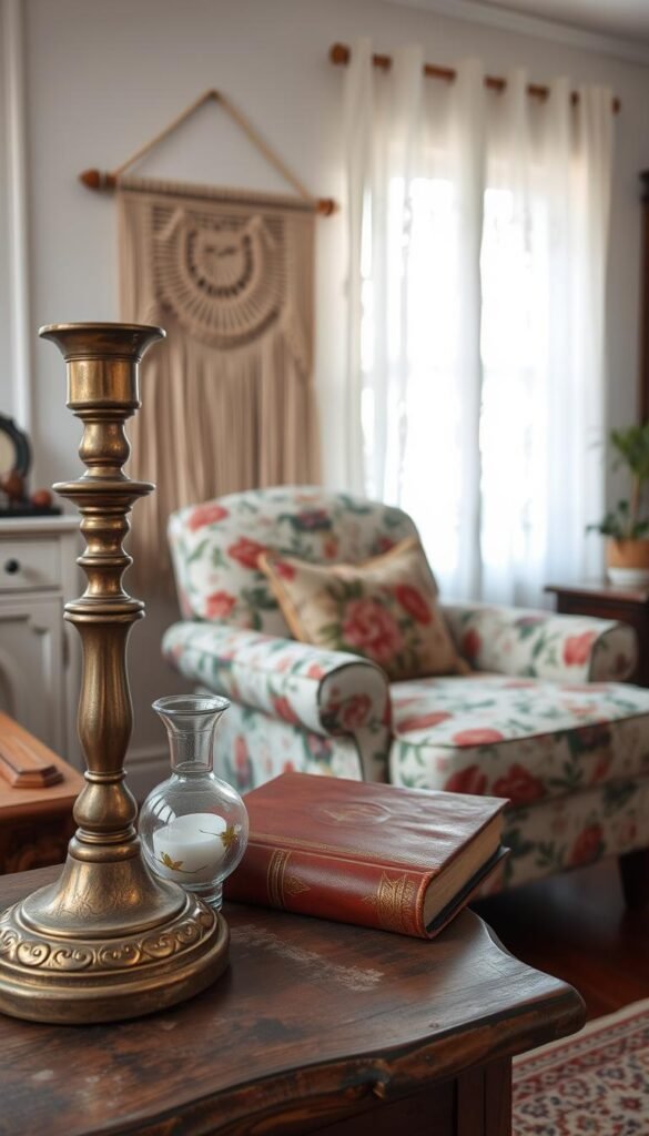 A cozy, personalized living room with vintage charm. In the foreground, an eclectic mix of antique decor elements - a tarnished brass candlestick, a delicate porcelain vase, and a worn leather-bound book - arranged on a rustic wood side table. The middle ground features a comfortable armchair upholstered in a floral vintage pattern, complemented by a hand-woven macrame wall hanging. In the background, soft lighting filters through lace curtains, casting a warm glow over the space. The room exudes a sense of lived-in character and timeless elegance. A cozy, personalized living room with vintage charm. In the foreground, an eclectic mix of antique decor elements - a tarnished brass candlestick, a delicate porcelain vase, and a worn leather-bound book - arranged on a rustic wood side table. The middle ground features a comfortable armchair upholstered in a floral vintage pattern, complemented by a hand-woven macrame wall hanging. In the background, soft lighting filters through lace curtains, casting a warm glow over the space. The room exudes a sense of lived-in character and timeless elegance.