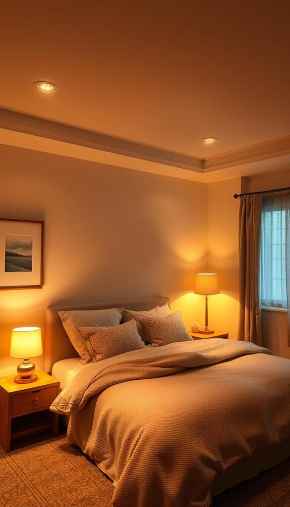 A cozy, softly lit bedroom with a warm, inviting atmosphere. Indirect lighting sources such as table lamps, floor lamps, and recessed ceiling fixtures create a gentle, ambient glow that casts a flattering, diffuse light across the space. Shadows are softened, creating a serene, tranquil mood. The lighting emanates a subtle, golden hue, complementing the natural wood tones and plush textiles. Angles are carefully considered, with light sources positioned to avoid harsh shadows or hot spots. The overall effect is a harmonious, soothing environment that encourages relaxation and restful contemplation. A cozy, softly lit bedroom with a warm, inviting atmosphere. Indirect lighting sources such as table lamps, floor lamps, and recessed ceiling fixtures create a gentle, ambient glow that casts a flattering, diffuse light across the space. Shadows are softened, creating a serene, tranquil mood. The lighting emanates a subtle, golden hue, complementing the natural wood tones and plush textiles. Angles are carefully considered, with light sources positioned to avoid harsh shadows or hot spots. The overall effect is a harmonious, soothing environment that encourages relaxation and restful contemplation.