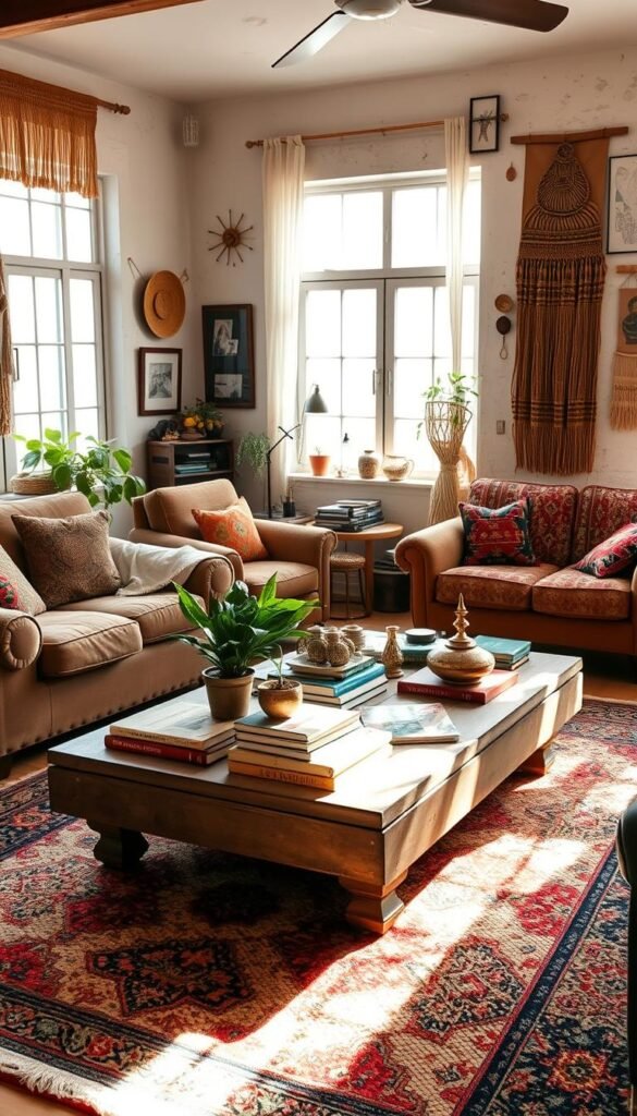 A cozy, sun-dappled bohemian living room, the focal point a low, weathered wood coffee table adorned with a vibrant assortment of eclectic decor - woven baskets, vintage books, a potted plant, and an ornate brass incense burner. Surrounding it, an arrangement of mismatched armchairs and loveseats upholstered in rich, earthy tones and patterns, their worn yet comfortable appearance suggesting a lifetime of stories. Soft, filtered light streams in through large windows, illuminating the room's textured walls covered in tapestries, macrame, and framed artwork. Underfoot, a plush, vintage-inspired area rug ties the space together, its bold colors and intricate design echoing the room's lived-in, bohemian aesthetic. A cozy, sun-dappled bohemian living room, the focal point a low, weathered wood coffee table adorned with a vibrant assortment of eclectic decor - woven baskets, vintage books, a potted plant, and an ornate brass incense burner. Surrounding it, an arrangement of mismatched armchairs and loveseats upholstered in rich, earthy tones and patterns, their worn yet comfortable appearance suggesting a lifetime of stories. Soft, filtered light streams in through large windows, illuminating the room's textured walls covered in tapestries, macrame, and framed artwork. Underfoot, a plush, vintage-inspired area rug ties the space together, its bold colors and intricate design echoing the room's lived-in, bohemian aesthetic.