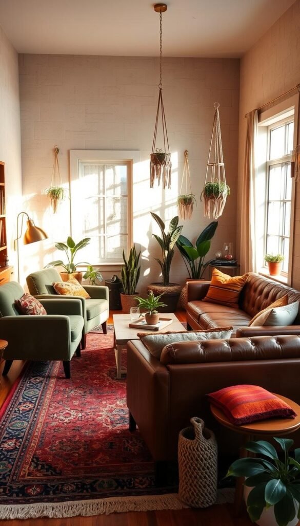 A cozy, sun-dappled boho living room with textured walls, a vintage Persian rug, and an eclectic mix of seating options. Plush velvet armchairs and a tufted leather sofa create a comfortable conversation area, while a mid-century modern coffee table and hanging macrame plant holders add bohemian flair. Warm lighting from a brass floor lamp and wall sconces cast a golden glow, complemented by the natural light streaming through large windows. Vibrant throw pillows, textiles, and potted plants in warm hues of terracotta, mustard, and sage green complete the inviting, lived-in ambiance. A cozy, sun-dappled boho living room with textured walls, a vintage Persian rug, and an eclectic mix of seating options. Plush velvet armchairs and a tufted leather sofa create a comfortable conversation area, while a mid-century modern coffee table and hanging macrame plant holders add bohemian flair. Warm lighting from a brass floor lamp and wall sconces cast a golden glow, complemented by the natural light streaming through large windows. Vibrant throw pillows, textiles, and potted plants in warm hues of terracotta, mustard, and sage green complete the inviting, lived-in ambiance.