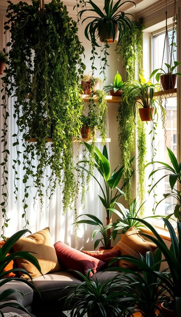 A cozy, sun-drenched bohemian living room filled with an abundance of lush, trailing plants. In the foreground, a tangle of verdant foliage cascades from wall-mounted shelves, complemented by potted palms and trailing vines in the middle ground. Plush, jewel-toned velvet furnishings and warm wooden accents create a rich, inviting atmosphere, while soft natural light filters through sheer curtains, casting a gentle glow over the scene. The overall mood is one of serene, organic harmony, evoking a sense of tranquility and connection with nature. A cozy, sun-drenched bohemian living room filled with an abundance of lush, trailing plants. In the foreground, a tangle of verdant foliage cascades from wall-mounted shelves, complemented by potted palms and trailing vines in the middle ground. Plush, jewel-toned velvet furnishings and warm wooden accents create a rich, inviting atmosphere, while soft natural light filters through sheer curtains, casting a gentle glow over the scene. The overall mood is one of serene, organic harmony, evoking a sense of tranquility and connection with nature.
