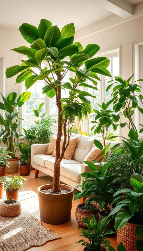A cozy, sun-drenched living room filled with a harmonious arrangement of lush, vibrant indoor plants. In the foreground, a potted fiddle-leaf fig tree stands tall, its broad leaves gently swaying. Surrounding it, a variety of smaller potted plants, such as ZZ plants, snake plants, and philodendrons, create a verdant oasis. The middle ground features a plush, neutral-toned sofa, complemented by natural wood accents and soft, diffused lighting from large windows. In the background, a warm, earthy color palette and natural textures, like woven baskets and natural fiber rugs, imbue the space with an organic, sophisticated ambiance. The overall scene exudes a sense of serenity, inviting the viewer to relax and embrace the calming presence of nature within the home. A cozy, sun-drenched living room filled with a harmonious arrangement of lush, vibrant indoor plants. In the foreground, a potted fiddle-leaf fig tree stands tall, its broad leaves gently swaying. Surrounding it, a variety of smaller potted plants, such as ZZ plants, snake plants, and philodendrons, create a verdant oasis. The middle ground features a plush, neutral-toned sofa, complemented by natural wood accents and soft, diffused lighting from large windows. In the background, a warm, earthy color palette and natural textures, like woven baskets and natural fiber rugs, imbue the space with an organic, sophisticated ambiance. The overall scene exudes a sense of serenity, inviting the viewer to relax and embrace the calming presence of nature within the home.