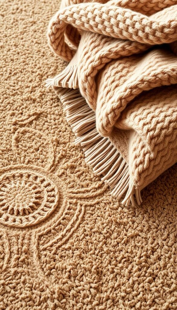 A cozy, textured rug in earthy tones with a subtle, interlocking pattern, layered with a soft, plush blanket in a complementary color scheme. The rug has a dense, high-pile surface that catches the warm, diffused lighting, creating a sense of depth and tactile allure. The blanket features a chunky, woven texture that adds visual interest and a welcoming, homey feel. The composition is arranged in a natural, inviting manner, evoking a sense of comfort and relaxation, perfect for a guest bedroom setting. A cozy, textured rug in earthy tones with a subtle, interlocking pattern, layered with a soft, plush blanket in a complementary color scheme. The rug has a dense, high-pile surface that catches the warm, diffused lighting, creating a sense of depth and tactile allure. The blanket features a chunky, woven texture that adds visual interest and a welcoming, homey feel. The composition is arranged in a natural, inviting manner, evoking a sense of comfort and relaxation, perfect for a guest bedroom setting.