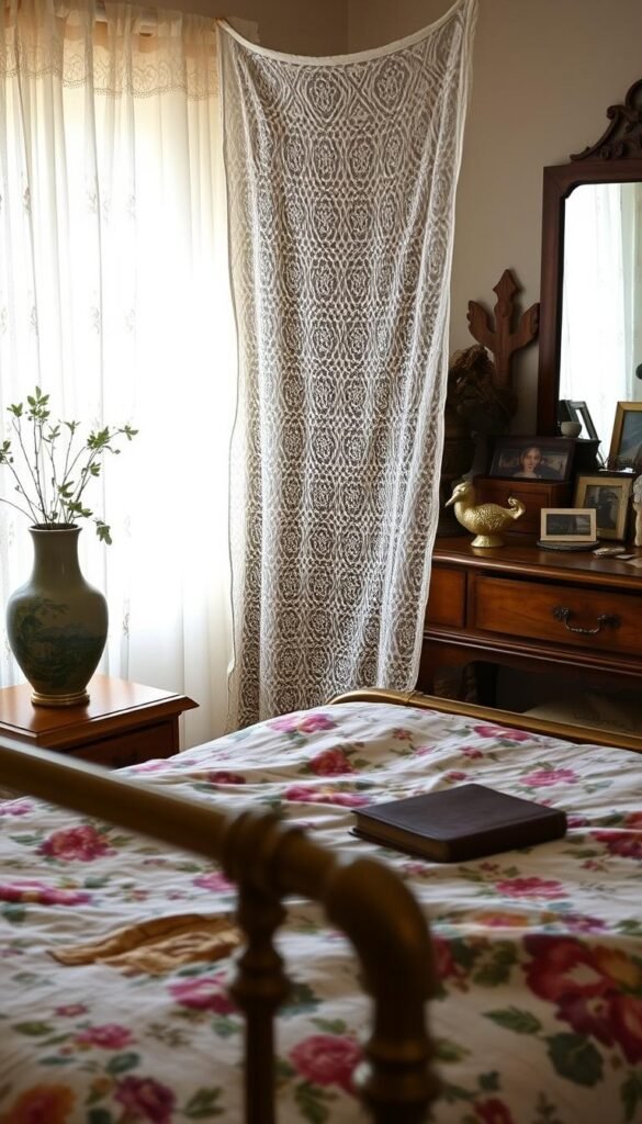 A cozy, vintage-inspired bedroom adorned with thrifted finds. In the warm foreground, a lush floral quilt covers an antique brass bedframe, complemented by a weathered nightstand displaying a striking ceramic vase and a worn leather-bound book. The middle ground features a delicate lace curtain gently billowing, filtering soft natural light into the space. In the background, a rustic wooden dresser holds an assortment of eclectic trinkets, vintage photographs, and a tarnished mirror reflecting the scene. The overall atmosphere evokes a sense of timeless charm and personal character.