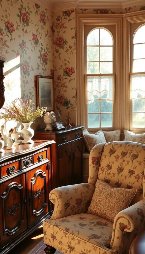 A cozy, vintage-inspired cottage interior with a beautiful, hand-painted floral wallpaper adorning the walls. Sunlight streams through the large, mullioned windows, casting a warm, golden glow throughout the space. In the foreground, an antique wooden dresser with intricate carvings stands proudly, topped with a collection of delicate porcelain figurines and fresh wildflowers in a vase. The middle ground features a plush, tufted armchair upholstered in a complementary floral pattern, inviting the viewer to sink in and relax. The background showcases a charming, lace-trimmed window seat, offering a cozy nook to curl up with a good book. The overall atmosphere evokes a sense of timeless, countryside elegance and comforting, cottage-style charm. A cozy, vintage-inspired cottage interior with a beautiful, hand-painted floral wallpaper adorning the walls. Sunlight streams through the large, mullioned windows, casting a warm, golden glow throughout the space. In the foreground, an antique wooden dresser with intricate carvings stands proudly, topped with a collection of delicate porcelain figurines and fresh wildflowers in a vase. The middle ground features a plush, tufted armchair upholstered in a complementary floral pattern, inviting the viewer to sink in and relax. The background showcases a charming, lace-trimmed window seat, offering a cozy nook to curl up with a good book. The overall atmosphere evokes a sense of timeless, countryside elegance and comforting, cottage-style charm.