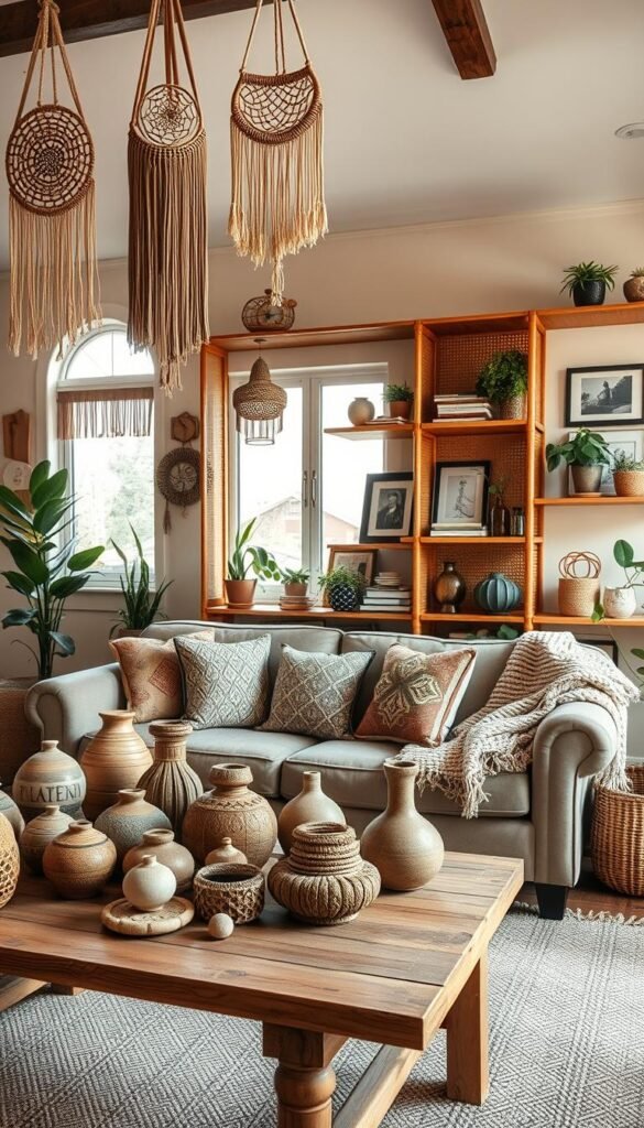 A cozy, warm-toned boho living room with an eclectic collection of personal mementos and treasures. In the foreground, a wooden coffee table displays an array of decorative objects - ceramic vases, woven baskets, and stone trinkets. Hanging above, macrame wall hangings and woven dream catchers cast playful shadows. The middle ground features a plush, tufted sofa adorned with patterned throw pillows and a textured woven blanket. In the background, a rattan bookshelf showcases a curated selection of vintage books, potted plants, and framed photographs, creating an intimate, lived-in atmosphere. Natural light filters in through large windows, illuminating the space with a soft, diffused glow. A cozy, warm-toned boho living room with an eclectic collection of personal mementos and treasures. In the foreground, a wooden coffee table displays an array of decorative objects - ceramic vases, woven baskets, and stone trinkets. Hanging above, macrame wall hangings and woven dream catchers cast playful shadows. The middle ground features a plush, tufted sofa adorned with patterned throw pillows and a textured woven blanket. In the background, a rattan bookshelf showcases a curated selection of vintage books, potted plants, and framed photographs, creating an intimate, lived-in atmosphere. Natural light filters in through large windows, illuminating the space with a soft, diffused glow.
