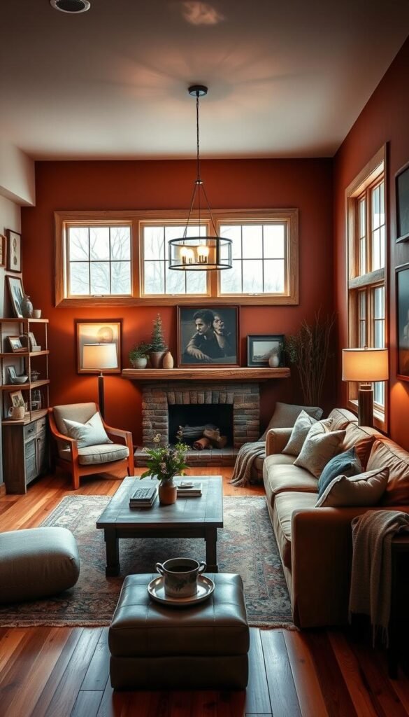 A cozy, warmly-lit living room featuring a mix of natural wood tones and rich, earthy paint colors. The walls are painted in a deep, inviting terracotta hue that complements the honey-toned hardwood floors. Accents of weathered, rustic wood - such as a coffee table, shelving, and picture frames - add textural interest and a sense of warmth. Soft, diffused lighting from a central pendant fixture and floor lamps creates a comforting ambiance. Large windows allow natural light to stream in, illuminating the space. Plush, neutral-toned furniture and textiles, like a cozy area rug and throw pillows, complete the inviting, lived-in aesthetic.