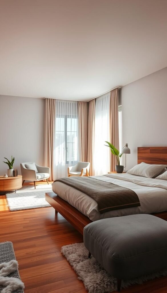 A cozy, well-lit Bloxburg bedroom showcasing a variety of popular aesthetic styles. In the foreground, a stylish platform bed with plush bedding and a wooden headboard. Nearby, a sleek floating nightstand with a minimalist lamp and a potted plant. In the middle ground, a large window floods the space with natural light, complemented by sheer curtains and a small sitting area with a cozy armchair. The background features a feature wall with a subtle textured pattern, adding depth and visual interest. Warm hardwood floors and a fluffy area rug complete the inviting atmosphere. An overall sense of balance, comfort, and Bloxburg-inspired design.