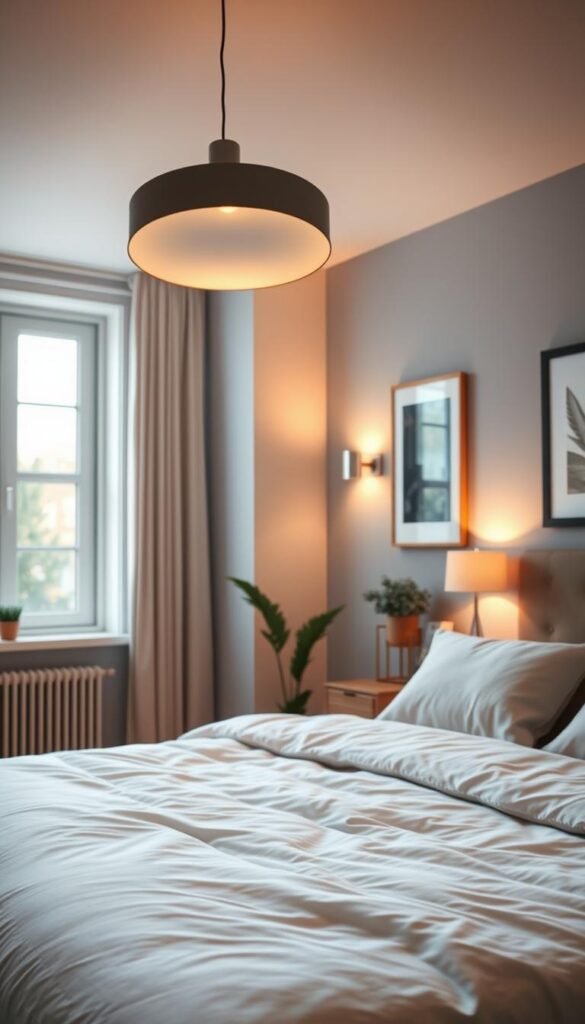 A cozy, well-lit Bloxburg bedroom with strategic lighting design. The foreground showcases a neatly made bed with soft, ambient lighting emanating from a sleek, modern pendant lamp overhead. The middle ground features a large window, allowing natural daylight to pour in and create a warm, inviting atmosphere. Strategically placed wall sconces flank the window, casting a gentle glow. The background shows tasteful decor elements, such as framed artwork and potted plants, subtly illuminated to enhance the overall mood. The lighting is balanced, neither too bright nor too dim, creating a harmonious and relaxing ambiance perfect for a Bloxburg virtual home.
