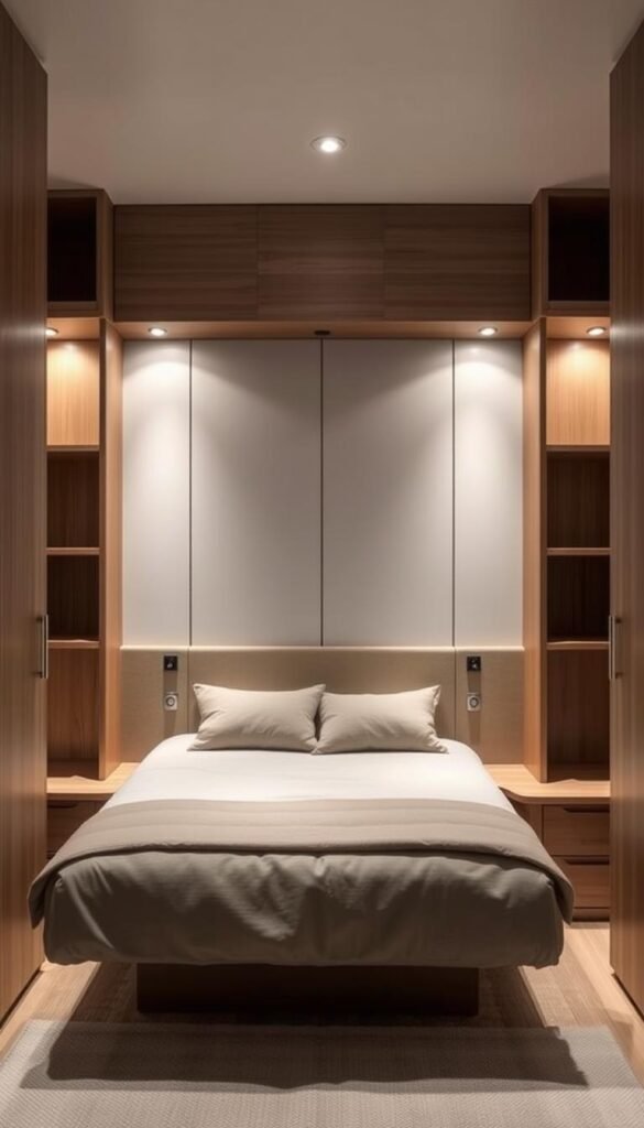 A cozy, well-lit bedroom featuring a sleek, modern murphy bed system that seamlessly blends into the wall when closed. The bed is framed by minimalist wooden cabinetry with integrated shelving, creating a cohesive, space-saving design. Soft, diffused lighting from concealed sources illuminates the room, highlighting the bed's smooth, elegant lines. The overall atmosphere is one of functionality and relaxation, with muted tones and natural textures complementing the compact, efficient layout. A cozy, well-lit bedroom featuring a sleek, modern murphy bed system that seamlessly blends into the wall when closed. The bed is framed by minimalist wooden cabinetry with integrated shelving, creating a cohesive, space-saving design. Soft, diffused lighting from concealed sources illuminates the room, highlighting the bed's smooth, elegant lines. The overall atmosphere is one of functionality and relaxation, with muted tones and natural textures complementing the compact, efficient layout.