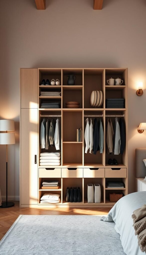 A cozy, well-lit bedroom interior showcasing a modular, multifunctional storage unit. The piece features a combination of open shelves, hidden drawers, and customizable compartments, allowing for efficient and organized storage of clothes, books, and personal items. The design is sleek and minimalist, with a warm, neutral color palette that blends seamlessly with the surrounding decor. Soft, diffused lighting from floor lamps and wall sconces creates a calming ambiance, highlighting the unit's clean lines and elegant aesthetic. The overall composition emphasizes how thoughtful furniture choices can maximize available space and declutter the bedroom, creating a harmonious and visually appealing living environment. A cozy, well-lit bedroom interior showcasing a modular, multifunctional storage unit. The piece features a combination of open shelves, hidden drawers, and customizable compartments, allowing for efficient and organized storage of clothes, books, and personal items. The design is sleek and minimalist, with a warm, neutral color palette that blends seamlessly with the surrounding decor. Soft, diffused lighting from floor lamps and wall sconces creates a calming ambiance, highlighting the unit's clean lines and elegant aesthetic. The overall composition emphasizes how thoughtful furniture choices can maximize available space and declutter the bedroom, creating a harmonious and visually appealing living environment.
