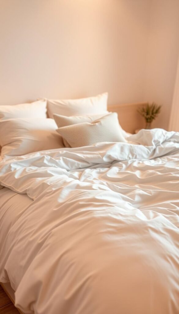 A cozy, well-lit bedroom with a plush, inviting bed covered in a variety of breathable bedding materials. Crisp white cotton sheets, a fluffy down duvet, and an array of soft, textured pillows in soothing neutral tones. The lighting is warm and ambient, creating a serene and relaxing atmosphere. The camera angle captures the bed in the foreground, with the rest of the bedroom fading gently into the background, showcasing the tranquil and peaceful nature of the scene.