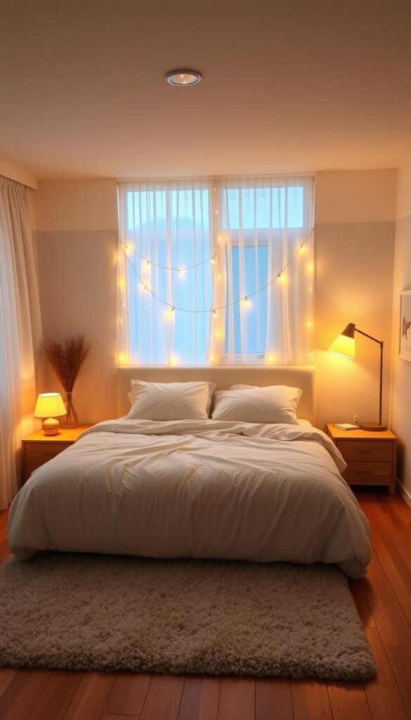 A cozy, well-lit bedroom with a soft, dreamy ambiance. The focal point is a large, plush bed adorned with fluffy white bedding, accented by delicate string lights cascading across the headboard. Warm, golden task lighting gently illuminates a pair of nightstands, while a pair of floor lamps bathe the scene in a warm, diffused glow. Wispy sheer curtains filter the moonlight, casting a soothing, ethereal atmosphere. The hardwood floors are complemented by a plush area rug, and the walls feature minimal, nature-inspired artwork. An overall sense of tranquility and comfort pervades the space.