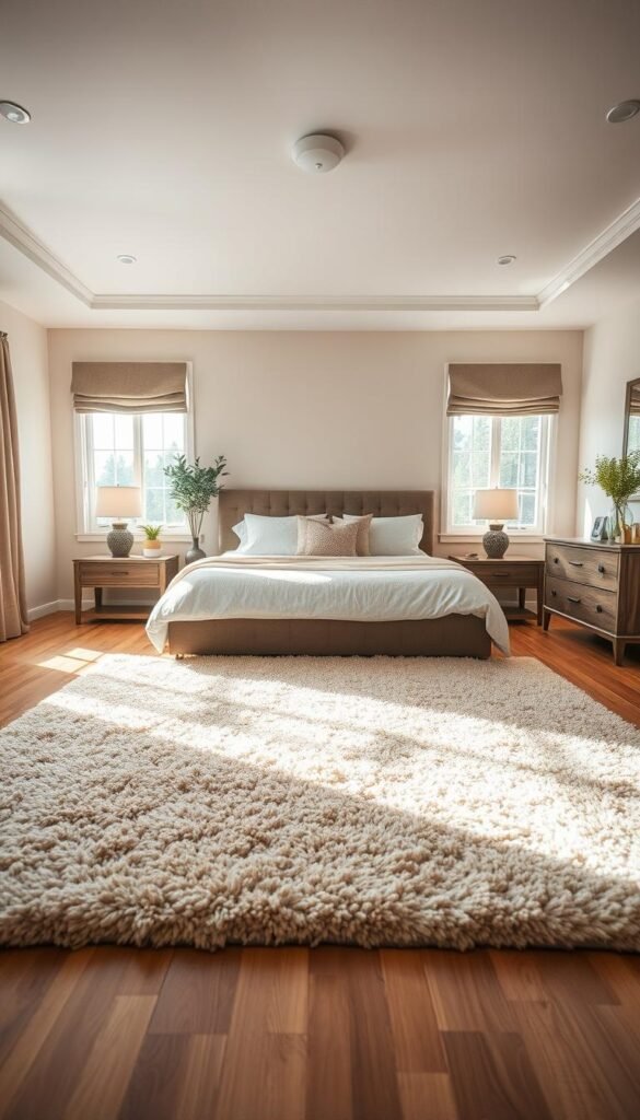 A cozy, well-lit bedroom with a spacious, plush rug centered in the middle of the room. The rug is a warm, neutral color that complements the soft, muted tones of the bedroom's decor. The rug is placed to cover the majority of the floor space, allowing for ample walking room around the perimeter. The lighting is a combination of natural sunlight streaming in through large windows and soft, ambient lighting from table lamps and ceiling fixtures, creating a serene and inviting atmosphere. The camera angle is slightly elevated, capturing the rug's size in relation to the overall room dimensions, showcasing how the placement and scale of the rug can enhance the room's aesthetics and functionality. A cozy, well-lit bedroom with a spacious, plush rug centered in the middle of the room. The rug is a warm, neutral color that complements the soft, muted tones of the bedroom's decor. The rug is placed to cover the majority of the floor space, allowing for ample walking room around the perimeter. The lighting is a combination of natural sunlight streaming in through large windows and soft, ambient lighting from table lamps and ceiling fixtures, creating a serene and inviting atmosphere. The camera angle is slightly elevated, capturing the rug's size in relation to the overall room dimensions, showcasing how the placement and scale of the rug can enhance the room's aesthetics and functionality.