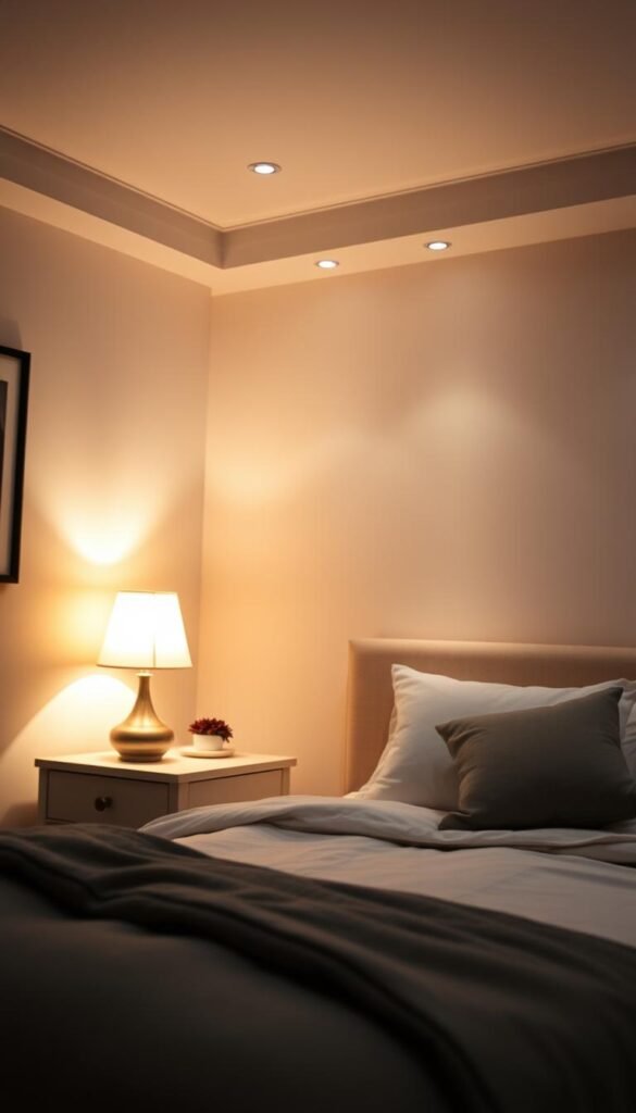 A cozy, well-lit bedroom with a strategic lighting design. Soft, diffused lighting illuminates the room, creating a warm, inviting atmosphere. A bedside table lamp casts a gentle glow, while recessed ceiling lights provide ambient illumination. Pockets of light accentuate key areas, such as a dresser or vanity, drawing the eye and creating depth. The lighting is carefully balanced, neither too bright nor too dim, complementing the room's decor and creating a harmonious, relaxing ambiance. The camera angle captures the room's tranquil, serene mood, showcasing the thoughtful lighting design. A cozy, well-lit bedroom with a strategic lighting design. Soft, diffused lighting illuminates the room, creating a warm, inviting atmosphere. A bedside table lamp casts a gentle glow, while recessed ceiling lights provide ambient illumination. Pockets of light accentuate key areas, such as a dresser or vanity, drawing the eye and creating depth. The lighting is carefully balanced, neither too bright nor too dim, complementing the room's decor and creating a harmonious, relaxing ambiance. The camera angle captures the room's tranquil, serene mood, showcasing the thoughtful lighting design.