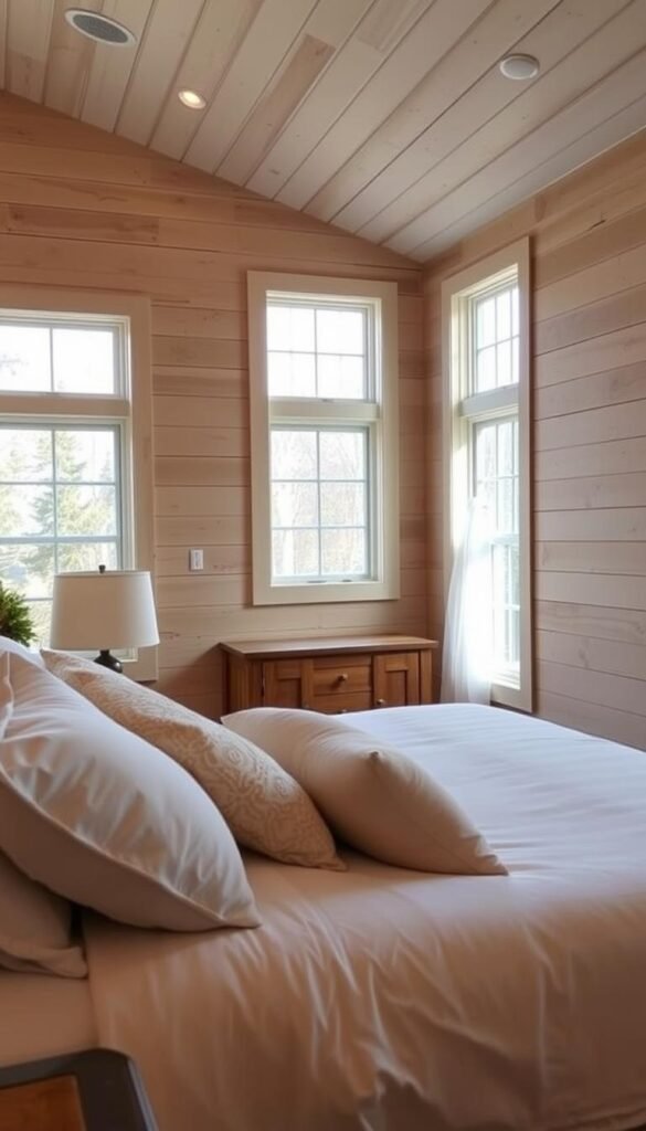 A cozy, well-lit bedroom with warm, natural lighting filtering through large windows. The walls are clad in elegant shiplap paneling, creating a rustic and inviting atmosphere. The shiplap runs horizontally, adding depth and texture to the space. The paneling is painted in a soft, earthy tone that complements the wooden furnishings and accents. In the foreground, a plush, neutral-toned bed is adorned with crisp, white bedding and a few decorative pillows. The middle ground features a wooden dresser or nightstand, adding to the overall farmhouse-inspired aesthetic. The background showcases a simple, uncluttered design, allowing the beautiful shiplap to take center stage. A cozy, well-lit bedroom with warm, natural lighting filtering through large windows. The walls are clad in elegant shiplap paneling, creating a rustic and inviting atmosphere. The shiplap runs horizontally, adding depth and texture to the space. The paneling is painted in a soft, earthy tone that complements the wooden furnishings and accents. In the foreground, a plush, neutral-toned bed is adorned with crisp, white bedding and a few decorative pillows. The middle ground features a wooden dresser or nightstand, adding to the overall farmhouse-inspired aesthetic. The background showcases a simple, uncluttered design, allowing the beautiful shiplap to take center stage.