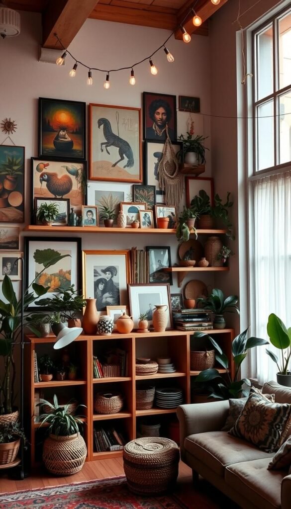 A cozy, well-lit bohemian living room with a gallery wall of eclectic artwork and shelving displaying an array of plants, ceramics, and woven baskets. The gallery wall features a mix of framed paintings, prints, and macrame hangings, creating a visually striking and layered composition. The shelving unit is made of natural wood, complementing the warm, earthy tones throughout the space. Soft, diffused lighting from floor lamps and string lights adds to the inviting ambiance, while large windows allow natural light to stream in, illuminating the vibrant colors and textures. The overall mood is one of relaxed sophistication, reflecting the owner's artistic sensibilities and love for the bohemian aesthetic. A cozy, well-lit bohemian living room with a gallery wall of eclectic artwork and shelving displaying an array of plants, ceramics, and woven baskets. The gallery wall features a mix of framed paintings, prints, and macrame hangings, creating a visually striking and layered composition. The shelving unit is made of natural wood, complementing the warm, earthy tones throughout the space. Soft, diffused lighting from floor lamps and string lights adds to the inviting ambiance, while large windows allow natural light to stream in, illuminating the vibrant colors and textures. The overall mood is one of relaxed sophistication, reflecting the owner's artistic sensibilities and love for the bohemian aesthetic.