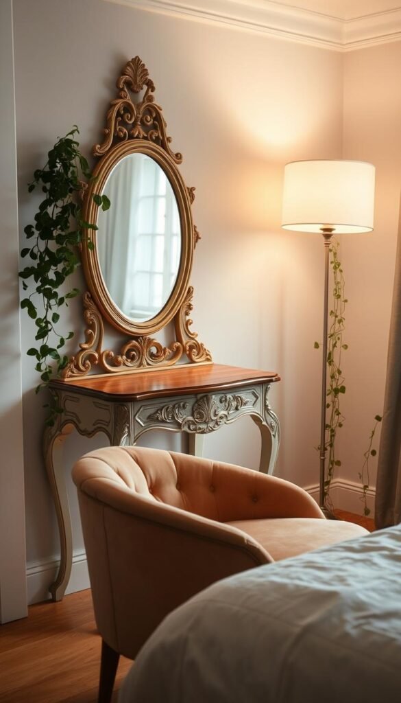 A cozy, well-lit corner of a bedroom featuring a delicate, antique-style vanity table. The table has a wooden top with intricate carved detailing, supported by slender, tapered legs. Atop the table sits a large, oval mirror with an ornate gold frame, casting a warm glow. In the foreground, a plush, velvet-upholstered chair in a complementary color invites the viewer to sit and admire the carefully curated space. Soft, diffused lighting emanates from a floor lamp in the background, creating a serene, intimate atmosphere. Lush, trailing plants add a natural, calming element, completing the tranquil, feminine vibe of this inviting bedroom corner. A cozy, well-lit corner of a bedroom featuring a delicate, antique-style vanity table. The table has a wooden top with intricate carved detailing, supported by slender, tapered legs. Atop the table sits a large, oval mirror with an ornate gold frame, casting a warm glow. In the foreground, a plush, velvet-upholstered chair in a complementary color invites the viewer to sit and admire the carefully curated space. Soft, diffused lighting emanates from a floor lamp in the background, creating a serene, intimate atmosphere. Lush, trailing plants add a natural, calming element, completing the tranquil, feminine vibe of this inviting bedroom corner.