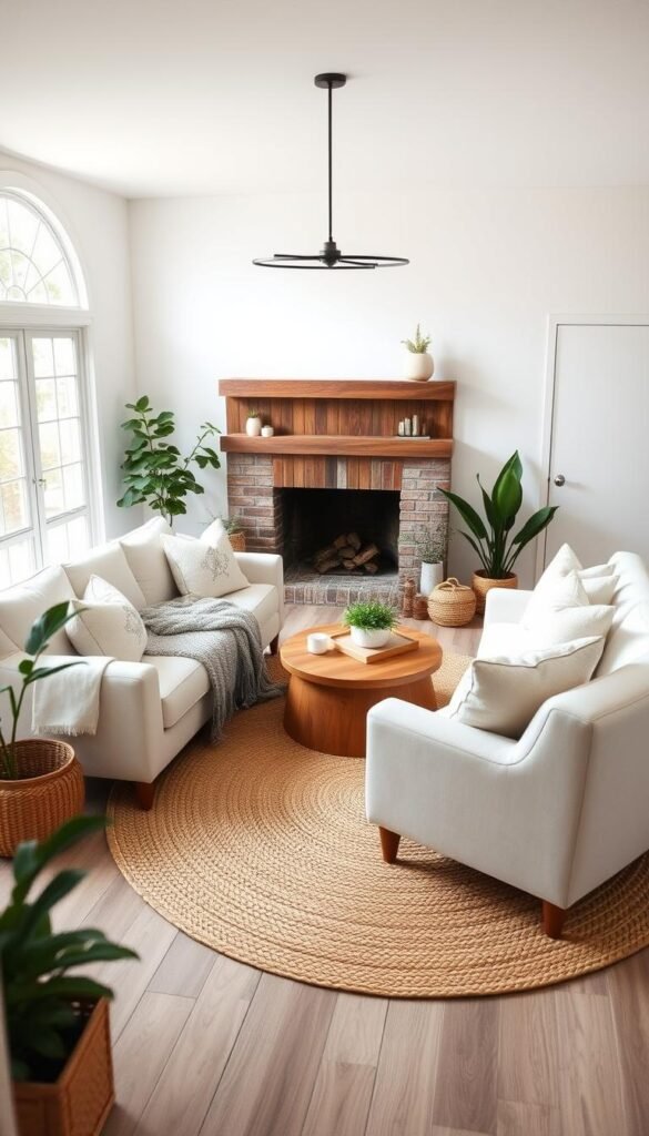 A cozy, well-lit modern farmhouse-style living room with a neutral color palette. The space features a plush, off-white sectional sofa positioned in front of a rustic wood-paneled fireplace. Nearby, a chunky knit throw blanket and fluffy pillows add texture. A round jute area rug grounds the arrangement, while a large, arched window fills the room with natural light. Potted plants and a mix of woven and wooden decor elements create a warm, organic ambiance. The scene is captured from a slightly elevated angle, showcasing the balanced, inviting aesthetic. A cozy, well-lit modern farmhouse-style living room with a neutral color palette. The space features a plush, off-white sectional sofa positioned in front of a rustic wood-paneled fireplace. Nearby, a chunky knit throw blanket and fluffy pillows add texture. A round jute area rug grounds the arrangement, while a large, arched window fills the room with natural light. Potted plants and a mix of woven and wooden decor elements create a warm, organic ambiance. The scene is captured from a slightly elevated angle, showcasing the balanced, inviting aesthetic.