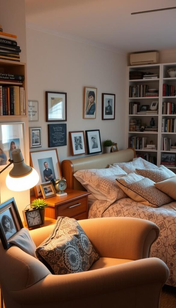 A cozy, well-lived-in bedroom with personal touches that create a sense of comfort and individuality. In the foreground, a plush, inviting armchair sits near a floor lamp, casting a warm glow. On the bedside table, framed photographs, a succulent plant, and a vintage alarm clock add character. The middle ground features a neatly made bed with patterned bedding and decorative throw pillows. In the background, bookshelves line the walls, showcasing a collection of books, trinkets, and family mementos. The lighting is soft and natural, creating a relaxing, homey atmosphere.