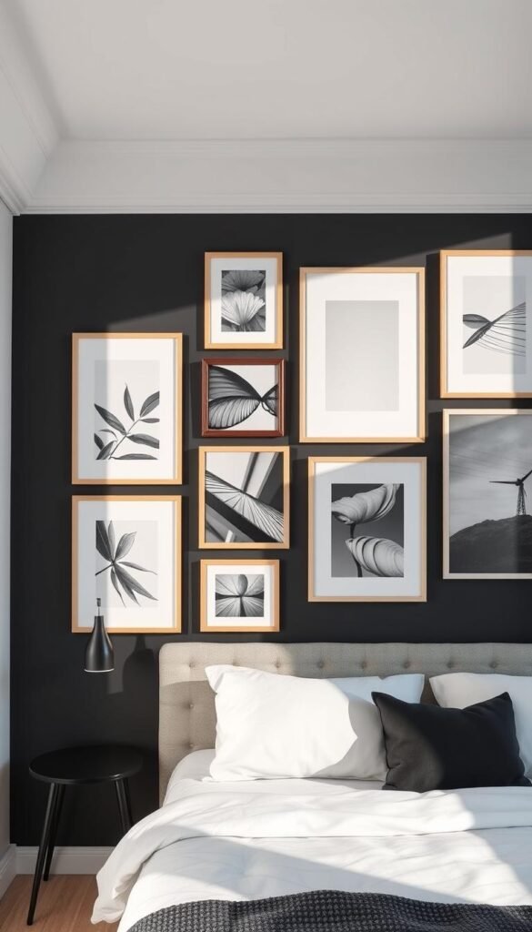 A crisp, modern gallery wall featuring a harmonious mix of black and white art prints against a deep charcoal wall backdrop. The arrangement is meticulously curated, with frames of varying sizes and shapes creating a visually striking display. Soft, directional lighting highlights the tactile textures of the artworks, casting dramatic shadows that add depth and dimension to the scene. The overall aesthetic is both sophisticated and inviting, perfectly capturing the essence of a chic, contemporary bedroom space. A crisp, modern gallery wall featuring a harmonious mix of black and white art prints against a deep charcoal wall backdrop. The arrangement is meticulously curated, with frames of varying sizes and shapes creating a visually striking display. Soft, directional lighting highlights the tactile textures of the artworks, casting dramatic shadows that add depth and dimension to the scene. The overall aesthetic is both sophisticated and inviting, perfectly capturing the essence of a chic, contemporary bedroom space.