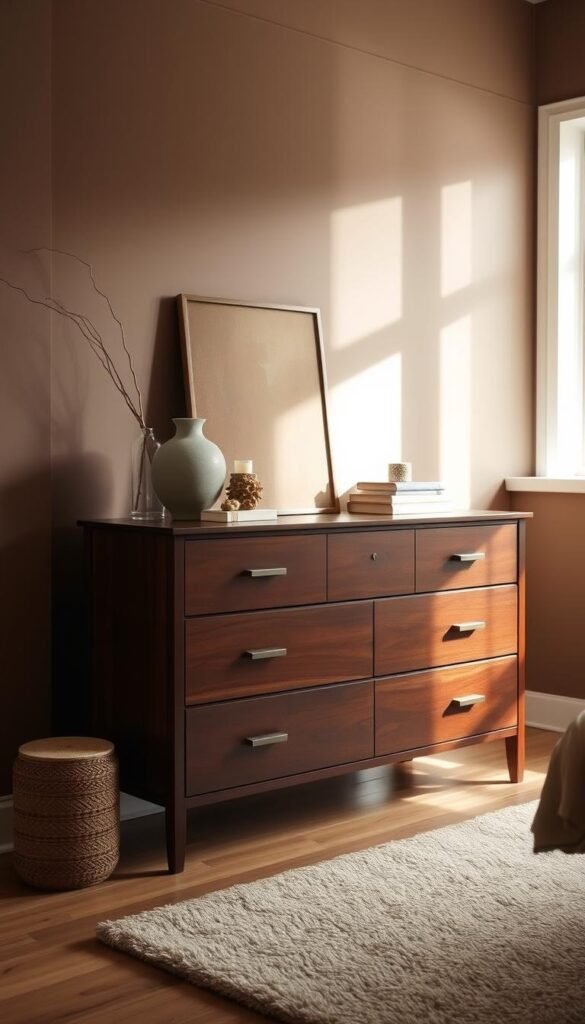 A dark, mahogany dresser stands as the centerpiece, its elegant lines and warm wood tones commanding attention. Atop the dresser, a collection of earth-toned decor elements - a ceramic vase, a textured candle holder, and a few artfully placed books - create a cozy, inviting ambiance. Soft, diffused lighting filters in through a nearby window, casting a gentle glow over the scene. The walls are painted in a deep, earthy tone, adding to the sense of enveloping warmth. A plush, neutral-toned rug grounds the space, tying the entire composition together in a harmonious, inviting display. A dark, mahogany dresser stands as the centerpiece, its elegant lines and warm wood tones commanding attention. Atop the dresser, a collection of earth-toned decor elements - a ceramic vase, a textured candle holder, and a few artfully placed books - create a cozy, inviting ambiance. Soft, diffused lighting filters in through a nearby window, casting a gentle glow over the scene. The walls are painted in a deep, earthy tone, adding to the sense of enveloping warmth. A plush, neutral-toned rug grounds the space, tying the entire composition together in a harmonious, inviting display.