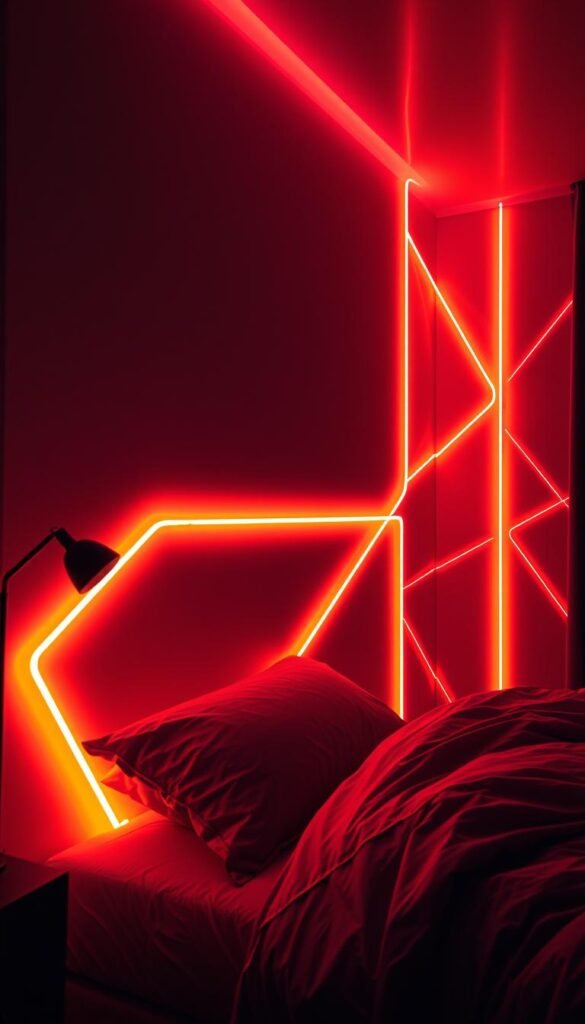 A dimly lit bedroom with a glowing neon accent wall in a vibrant, futuristic design. The neon lights create a captivating, moody ambiance, casting a soft, warm glow throughout the space. The wall features a geometric pattern of intersecting lines and curves, creating a sense of depth and movement. Subtle shadows and highlights add depth and dimension to the design. The lighting is focused on the accent wall, creating a striking focal point in the room. The overall mood is one of modern sophistication and technological elegance.