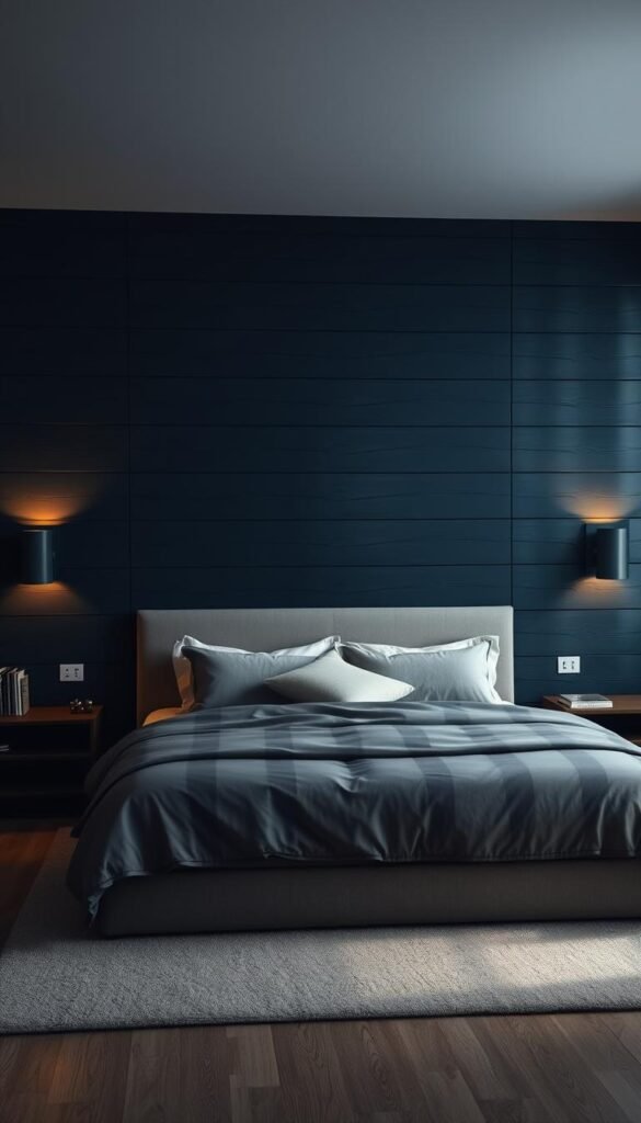 A dimly lit, modern bedroom interior with a captivating dark blue board and batten accent wall. The textured wooden panels cast dramatic shadows, adding depth and visual interest to the space. Warm, diffused lighting from sconces on either side creates a cozy, atmospheric ambiance, while a large, low-profile bed takes center stage. Plush, neutral bedding and minimalist decor allow the bold wall treatment to be the focal point. Captured from a slightly angled, eye-level perspective to showcase the full height and seamless pattern of the board and batten detailing.