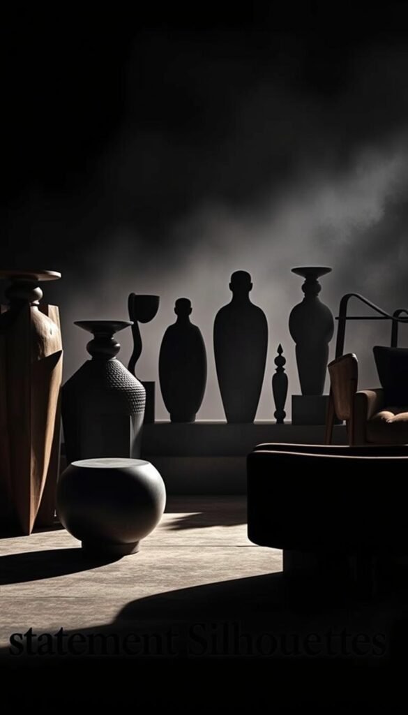 A dramatic arrangement of statement furniture silhouettes against a moody, atmospheric backdrop. In the foreground, bold sculptural forms in rich, textured materials like wood, stone, and metal take center stage, their striking profiles casting dramatic shadows across the scene. In the middle ground, a subtle play of light and shadow accentuates the forms, creating a sense of depth and drama. The background is shrouded in a subtle haze, lending an air of mystery and sophistication. The overall composition conveys a sense of refined elegance and timeless style, perfectly suited to illustrate the "Statement Silhouettes" section of the article. A dramatic arrangement of statement furniture silhouettes against a moody, atmospheric backdrop. In the foreground, bold sculptural forms in rich, textured materials like wood, stone, and metal take center stage, their striking profiles casting dramatic shadows across the scene. In the middle ground, a subtle play of light and shadow accentuates the forms, creating a sense of depth and drama. The background is shrouded in a subtle haze, lending an air of mystery and sophistication. The overall composition conveys a sense of refined elegance and timeless style, perfectly suited to illustrate the "Statement Silhouettes" section of the article.