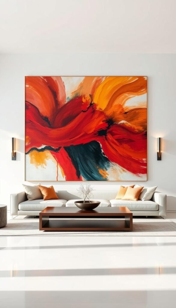 A dramatic, large-scale abstract painting commands attention in a spacious, minimalist living room. Sweeping brushstrokes of rich, vibrant hues fill the frame, creating a stunning focal point. Soft, diffused lighting from modern sconces enhances the depth and texture of the artwork, casting gentle shadows across the pristine white walls. The painting's massive scale and bold, expressive style make a powerful visual statement, elevating the room's design with a sense of modern sophistication. The artwork's captivating presence draws the eye, inspiring contemplation and wonder in the viewer. A dramatic, large-scale abstract painting commands attention in a spacious, minimalist living room. Sweeping brushstrokes of rich, vibrant hues fill the frame, creating a stunning focal point. Soft, diffused lighting from modern sconces enhances the depth and texture of the artwork, casting gentle shadows across the pristine white walls. The painting's massive scale and bold, expressive style make a powerful visual statement, elevating the room's design with a sense of modern sophistication. The artwork's captivating presence draws the eye, inspiring contemplation and wonder in the viewer.