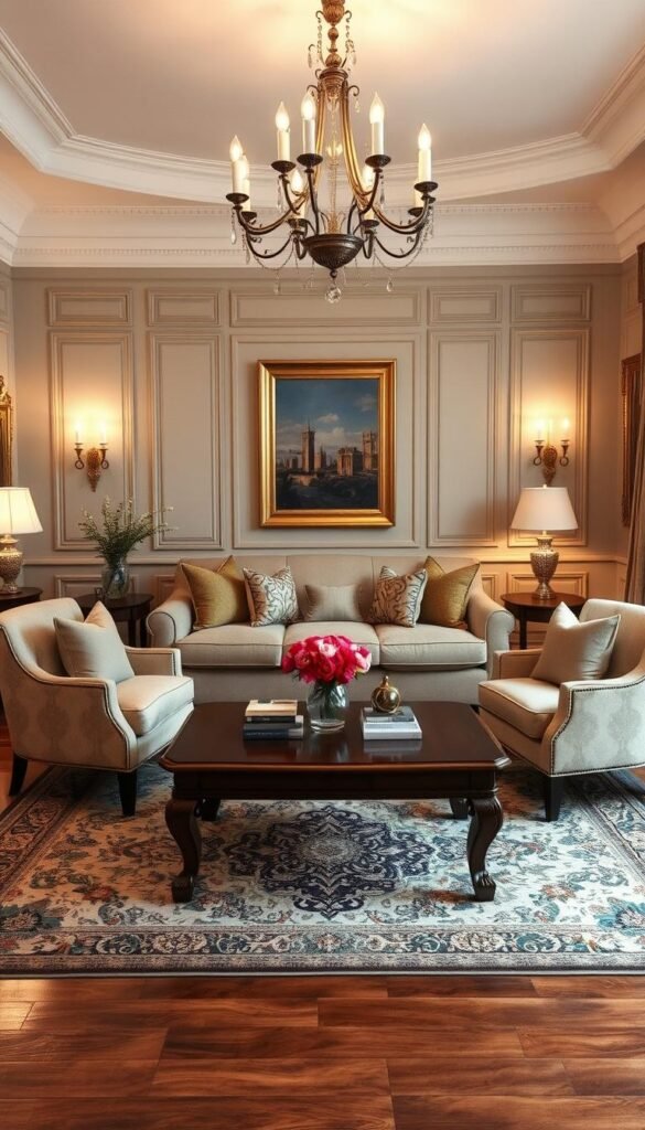 A formal yet inviting living room with a central plush sofa adorned in elegant, neutral-toned upholstery. Flanking the sofa, a pair of luxurious armchairs in a complementary fabric. In the foreground, a polished wooden coffee table styled with carefully curated decor pieces. The room is bathed in warm, diffused lighting from tasteful wall sconces and a stunning chandelier overhead. The walls are adorned with meticulously framed artwork, creating a refined and sophisticated ambiance. Rich wooden floors and an ornate area rug anchor the space, inviting guests to sink in and enjoy the refined yet cozy atmosphere.