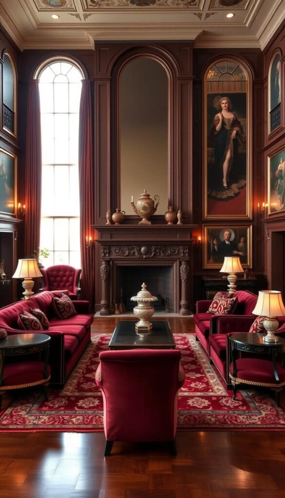A grand and stately formal sitting room with elegant furnishings and high-end decor. Plush velvet sofas and armchairs in a deep burgundy color, accented by intricate gold trim. A large, ornate fireplace dominates the center of the room, its mantle adorned with ornamental vases and candles. Tall, arched windows let in soft, warm lighting that casts a gentle glow over the space. Antique, carved wooden end tables and a substantial coffee table anchor the seating arrangement. Lush, patterned area rugs cover the polished hardwood floors. The overall ambiance is one of refined sophistication and timeless grandeur, creating an inviting environment for gracious hosting and dignified conversation.
