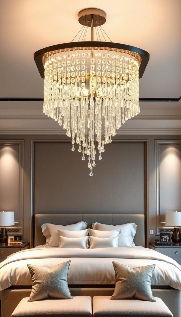 A grand, statement lighting fixture hovers majestically over a meticulously styled bedroom interior. Cascading strands of illuminated crystals elegantly descend from a sleek, minimalist frame, casting a warm, inviting glow across the plush, neutral-toned bedding and accent furnishings. The lighting fixture takes center stage, drawing the eye upward and instantly elevating the overall ambiance. Soft, directional lighting from concealed sources accentuates the room's architectural details, creating depth and dimension. The result is a space that exudes sophistication, tranquility, and a refined, elevated aesthetic. A grand, statement lighting fixture hovers majestically over a meticulously styled bedroom interior. Cascading strands of illuminated crystals elegantly descend from a sleek, minimalist frame, casting a warm, inviting glow across the plush, neutral-toned bedding and accent furnishings. The lighting fixture takes center stage, drawing the eye upward and instantly elevating the overall ambiance. Soft, directional lighting from concealed sources accentuates the room's architectural details, creating depth and dimension. The result is a space that exudes sophistication, tranquility, and a refined, elevated aesthetic.