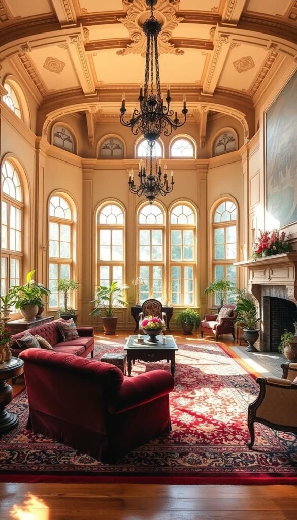 A grand, sun-drenched living room exudes timeless elegance. Plush, velvet upholstered furniture in rich jewel tones sits atop a sprawling, ornate Persian rug. Tall, arched windows flood the space with warm, natural light, casting a soft glow on the intricate moldings and ornate chandelier overhead. Antique wood furniture and accessories, including a vintage leather-bound chesterfield, lend a refined, aged patina. Verdant potted plants and lush floral arrangements add a touch of nature, while a large, ornate fireplace with a detailed stone mantle anchors the room. The overall atmosphere is one of refined luxury and enduring sophistication.