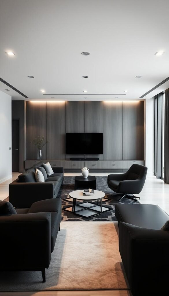 A harmonious living room bathed in monochrome tones. In the foreground, a sleek and balanced arrangement of furniture - a low-profile sofa, an angular armchair, and a minimalist coffee table, all in shades of black and grey. Soft, diffused lighting from recessed ceiling fixtures casts a warm, inviting glow. The middle ground features a statement rug in a geometric pattern, anchoring the space. Tall, slender windows along the back wall allow natural light to filter in, creating a sense of airiness and depth. The overall aesthetic is one of sophistication and understated elegance, reflecting the refined and cohesive design sensibilities. A harmonious living room bathed in monochrome tones. In the foreground, a sleek and balanced arrangement of furniture - a low-profile sofa, an angular armchair, and a minimalist coffee table, all in shades of black and grey. Soft, diffused lighting from recessed ceiling fixtures casts a warm, inviting glow. The middle ground features a statement rug in a geometric pattern, anchoring the space. Tall, slender windows along the back wall allow natural light to filter in, creating a sense of airiness and depth. The overall aesthetic is one of sophistication and understated elegance, reflecting the refined and cohesive design sensibilities.